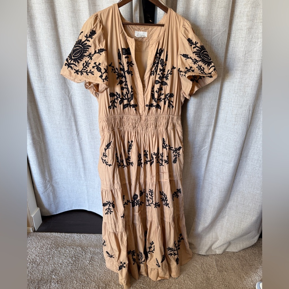 Anthropologie Tan Maxi Dress with Tiered Ruffles and Tie Front